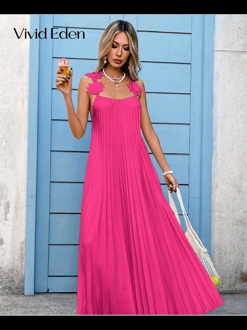 SHEIN Hot Pink Pleated Maxi Dress with Floral Shoulder